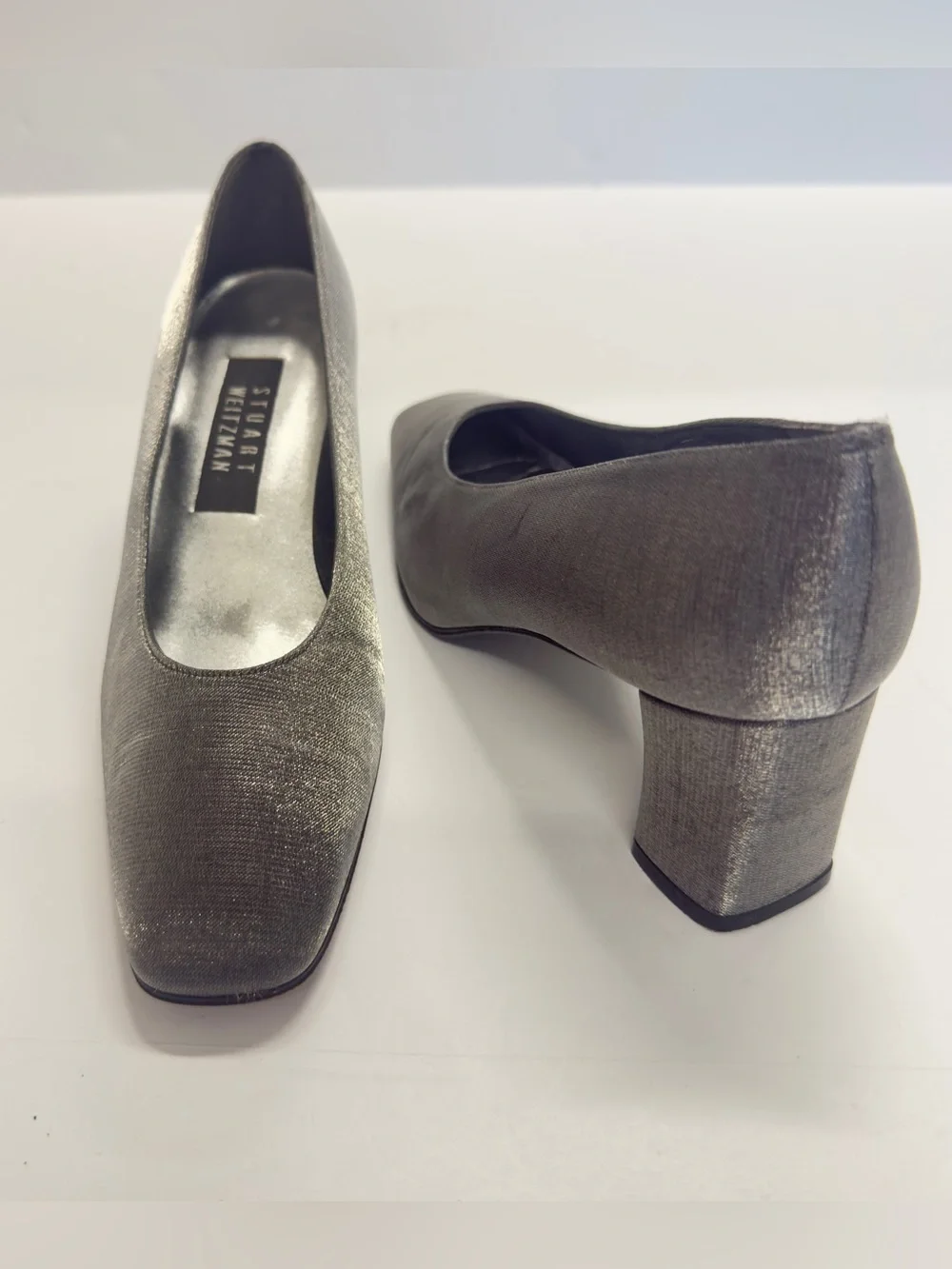 Vintage 90s Stuart Weitzman 'Anna' Pewter Metallic Block Heel Pumps Size 7
